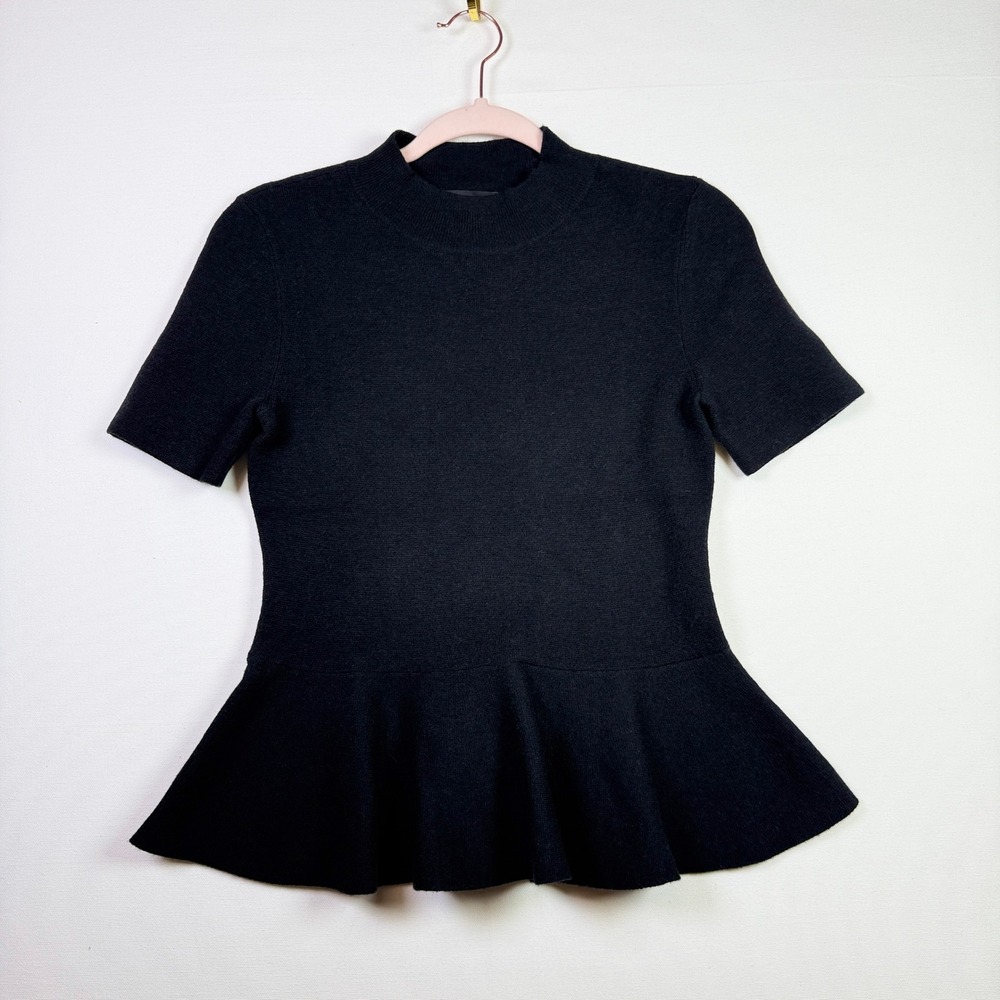 ANN TAYLOR Black Mock Neck Peplum Short Sleeve Knit Sweater Top SP
